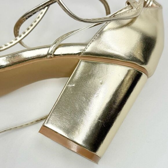 Lulus KAIRA Metallic Gold Open Toe Cord Wrap Ankle Tie Block Heel Sandals - Picture 16 of 16